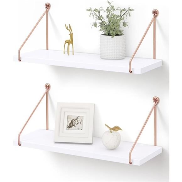 Floating Shelves for Wall, Metallic Gold White Wall Mounted Shelves, Bathroom - Picture 1 of 7